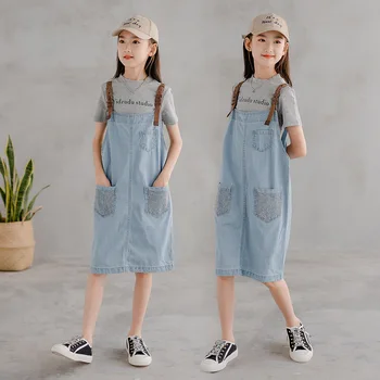 Джинсовое платье с цветным блоком спереди для девочек, Корейское детское подростковое джинсовое платье на подтяжках для больших девочек от 12 до 14