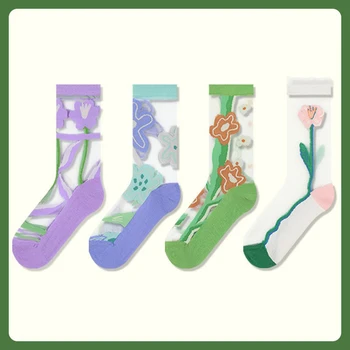 5 пар женских носков, женские носки из стеклянного шелка, серия fresh a flower, прозрачные носки sweet girl, тонкие хрустальные носки
