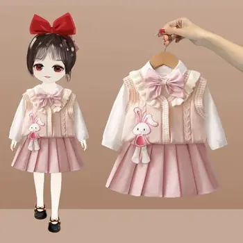 Детские милые костюмы, Весенне-осенний комплект одежды для девочек, Новый Модный вязаный жилет в корейском стиле, Рубашки, Плиссированная юбка Для детей