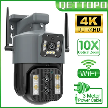 Qettopo 4K 8MP PTZ Тройной объектив Двухэкранная IP-камера с 10-кратным Оптическим зумом WiFi Наружная камера безопасности Ночного Видения Автоматическое Отслеживание