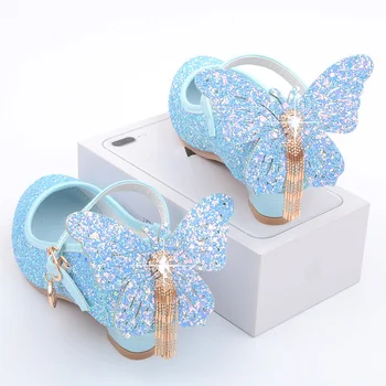 Новая Детская кожаная обувь, модная обувь принцессы с бахромой и узлом бабочки для девочек, Повседневная блестящая детская танцевальная обувь для студентов на высоком каблуке