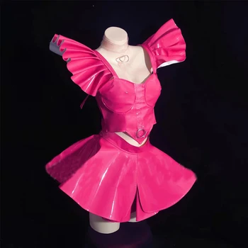 Танцевальный костюм для ночного клуба, бара, DJ Gogo, Розово-красная мини-юбка из искусственной кожи, 2 предмета, рейв-наряд для танцевальной команды, сексуальная одежда для выступлений на сцене