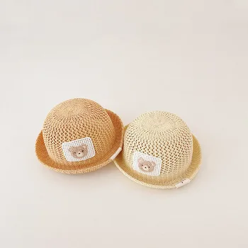 Корейская детская соломенная шляпа с милым медведем 2023, Летняя детская солнцезащитная шляпа, Детские панамы, Детская солнцезащитная шляпа, пляжная кепка