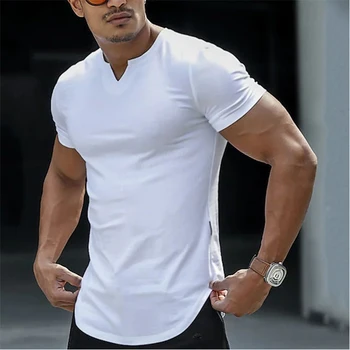 Мужская футболка, Однотонная Уличная повседневная одежда с коротким рукавом и V-образным вырезом, Модная Классическая Удобная Одежда для больших и высоких