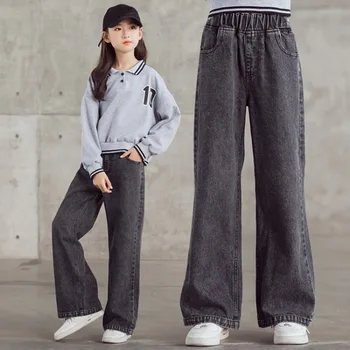 Джинсы для девочек, модные хлопковые широкие брюки из денима отличного цвета, Весна-осень, Новые модели, корейские детские уличные брюки