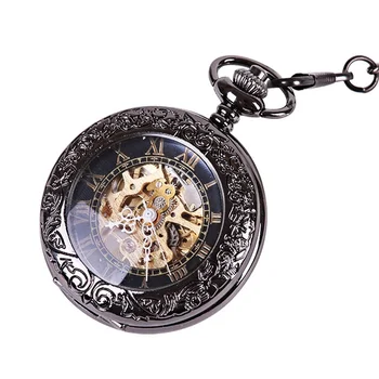 Роскошные черные механические карманные часы для мужчин и женщин, прозрачный корпус, циферблат с римскими цифрами, брелок, цепочка, подвесные часы для коллекции