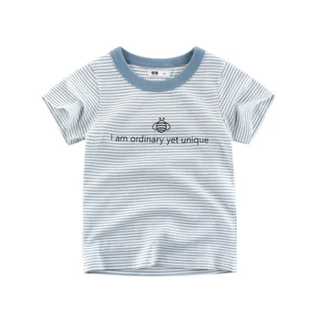 Летняя Хлопковая футболка в полоску 2023 года для мальчиков и девочек, Топы с короткими рукавами и буквами, Детская одежда для девочек, Детская одежда для малышей