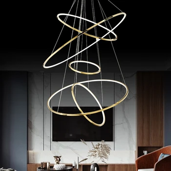 Легкая роскошная люстра для гостиной, Современная гальваническая титановая лампа для прихожей, Креативные Двухуровневые люстры для лестниц круглой формы