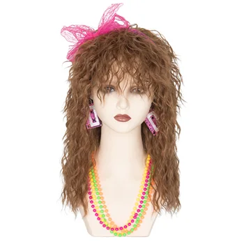 Женский комплект Miss U Hair Costume Wig 80s - Длинный кудрявый каштановый парик с повязкой на голову, серьгами, ожерельем и браслетом - Идеально подходит для вечеринки