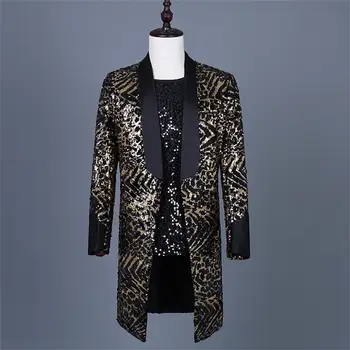 Мужской леопардовый принт с блестками, персонализированный длинный пиджак, сценический наряд, бар, мужское танцевальное платье с воротником в стиле рок-н-ролл для гостей, банкет