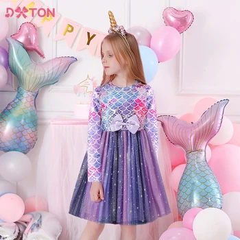 DXTON/ Платье Принцессы для девочек, Бальное платье с принтом Русалки для Девочек на День Рождения, Элегантные платья, Детские блестящие платья с градиентом, детская одежда