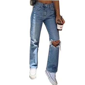 WEPBEL/Женские Отбеленные рваные джинсы с дырками, Осенние модные повседневные Прямые джинсы на пуговицах со средней талией