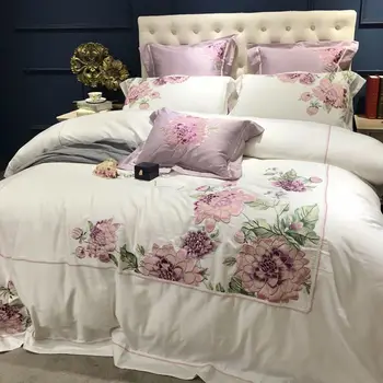 Роскошный американский атласный хлопковый комплект из 4 предметов с фиолетовой цветочной вышивкой, постельное белье длиной 1,8 м, идиллическое стеганое одеяло, постельное белье королевского размера