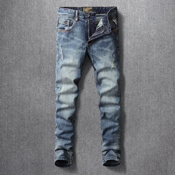 Модные винтажные мужские джинсы Высокого качества, ретро-синие эластичные облегающие рваные джинсы, мужские повседневные брюки, Дизайнерские джинсовые брюки Hombre