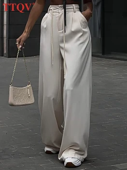 TTQV/ Модные Бежевые простые женские брюки, Элегантные брюки с высокой талией на завязках, Офисные женские осенние прямые брюки полной длины
