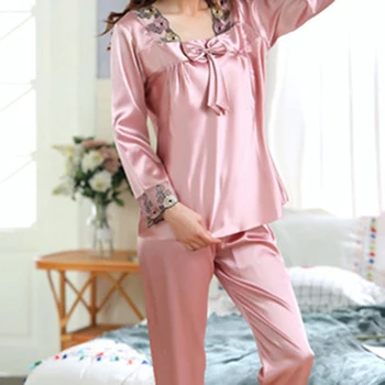 Пижамный комплект из мягкого атласа, однотонный женский комплект с длинными рукавами в стиле пэчворк, кружево Крупным планом, Сексуальный удобный пижамный комплект