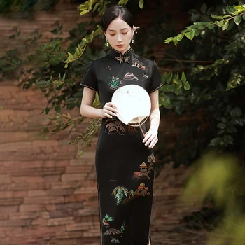 3010 Gu Shengjiao новое черное длинное платье с вышивкой в виде цветка cheongsam для мамы, банкетное улучшенное платье cheongsam shanghai 3XL 4XL