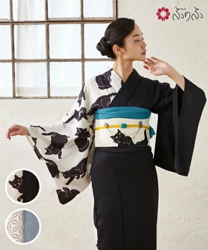 Традиционное японское женское кимоно с мелким рисунком Кошки Современный принт Ретро Двойная подкладка Cos Одежда ЮКАТА