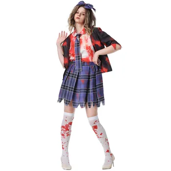 Женская форма для косплея зомби, рубашка, галстук, плиссированная юбка, школьная форма с пятнами крови вампира, наряд для вечеринки на Хэллоуин