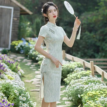 Элегантный Воротник-стойка, Винтажная одежда в китайском стиле Ципао, улучшенный Чонсам с коротким рукавом
