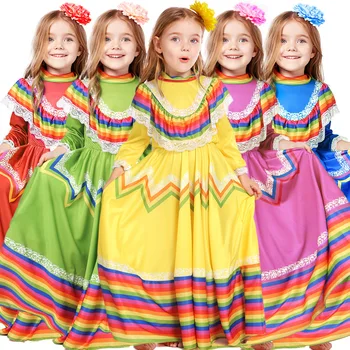 Umorden/ Традиционное платье мексиканской народной Танцовщицы для Девочек, Детское Платье в Национальном Мексиканском Стиле, Костюм Синко Де Майо в Богемном Стиле Длиной 360 °