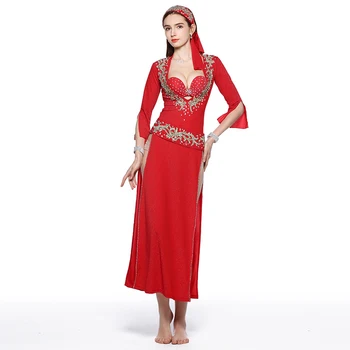 Профессиональный Женский Египетский танец живота, платье Beledi Saiidi с блестками, костюм с вышивкой, комплект из 5 шт. (платье + бюстгальтер + головной убор + пояс + шорты)