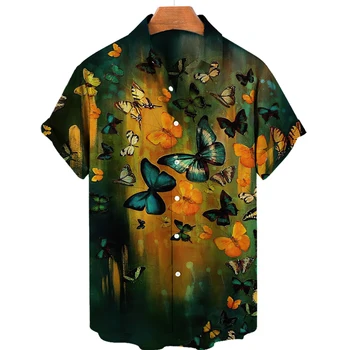 Мужская рубашка с бабочкой 2023, летняя модная уличная гавайская рубашка с короткими рукавами и животными, мужская забавная повседневная рубашка на пуговицах для мужчин