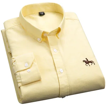 Качественные мужские рубашки Оксфорд из 100% хлопка С длинным рукавом, вышитая лошадь, Повседневная без кармана, однотонная желтая социальная корейская рубашка 5XL