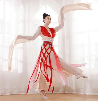 Китайское классическое танцевальное платье розового цвета Hanfu, женское сценическое представление, Фея с водяным рукавом