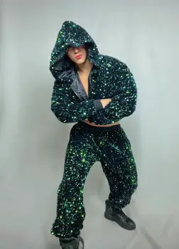 Певец из ночного клуба, Танцевальная одежда Gogo, бейсбольная куртка в стиле хип-Хоп с Зелеными блестками, открытые спортивные костюмы Show DS