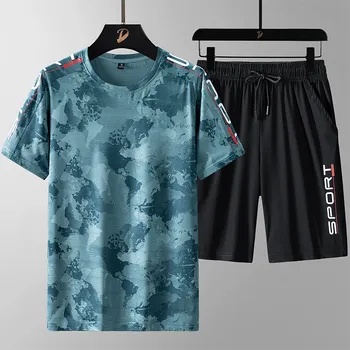 Летний мужской комплект, быстросохнущая футболка с коротким рукавом и короткий комплект из двух предметов, дышащий мужской повседневный спортивный костюм