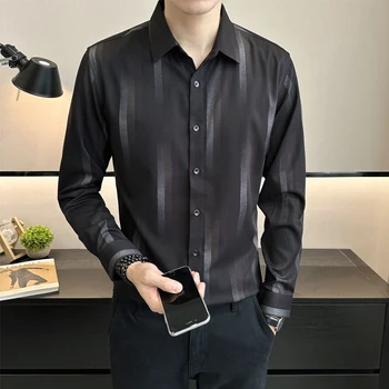 Модная рубашка с воротником и пуговицами в полоску, мужская рубашка 2023, Осенние Новые повседневные Топы, корейская рубашка