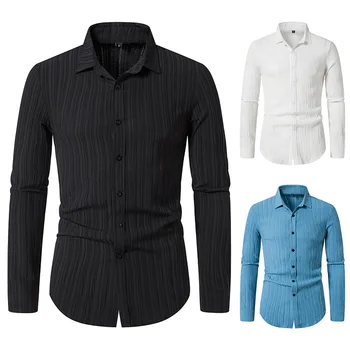 Приталенная мужская рубашка с волнистым рисунком с тиснением из хлопка и льна, модная дышащая рубашка с лацканами, Новая модная рубашка, уличная одежда
