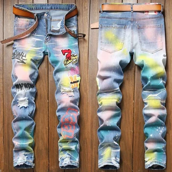 Мужские джинсы с принтом, облегающие джинсовые брюки в байкерском стиле Высокого качества, мужские повседневные дизайнерские рубашки-поло с граффити на Главной улице