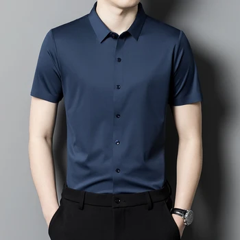 Летняя Мужская тонкая рубашка с короткими рукавами из 100% шелка Тутового дерева, Высококачественная рубашка, мужская деловая повседневная рубашка без застежки, топы Camisa CJK
