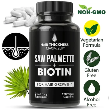 Saw Palmetto + Биотин Улучшает состояние волос и уменьшает облысение, восстанавливающее средство для мужчин и женщин