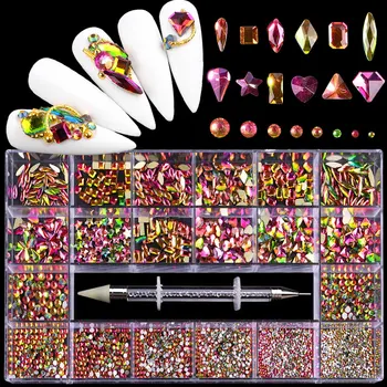 Стразы для дизайна ногтей в форме ромба с кристаллами Пламени AB, без исправлений, Стразы из радужного стекла, Голографические блестящие стразы в коробке