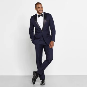 Темно-синие Мужские Свадебные смокинги, Отличные Смокинги для жениха, Высококачественный Мужской Формальный Блейзер для выпускного вечера, костюм из 2 предметов (куртка + брюки + галстук)