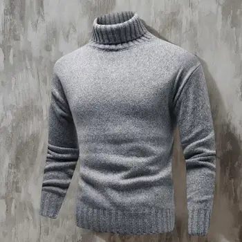 Мужской свитер, однотонный пуловер, Эластичный Базовый, легко сочетающийся с высоким воротником, Вязаный Мягкий зимний свитер с длинными рукавами, Повседневная одежда