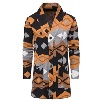 Повседневный Винтажный мужской Кардиган, Брендовая мужская одежда, Свитер с V-образным вырезом, свитера средней длины, пальто, Мужское однотонное тонкое пальто