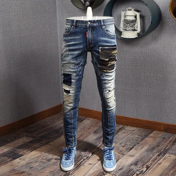 Уличная мода, мужские джинсы, ретро синие стрейчевые облегающие рваные джинсы, мужские брюки в стиле панк, Камуфляжные дизайнерские брюки в стиле хип-хоп с карманами
