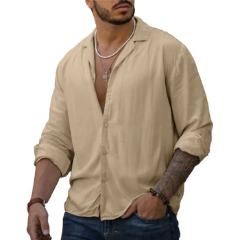 Мужская Хлопчатобумажная льняная рубашка с длинным рукавом, повседневные однотонные мешковатые футболки на пуговицах