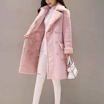 Женское длинное пальто из искусственной замши, зимняя теплая парка с бархатной подкладкой, зимняя куртка, Женский двубортный пиджак, тонкое однотонное пальто с лацканами