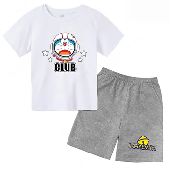 Комплекты одежды из японского аниме Doraemon для мальчиков, футболки, Детский спортивный костюм, Одежда Большого размера для мальчиков, Футболки для девочек, Комплект из двух предметов