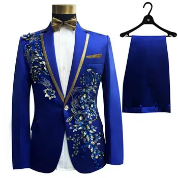 (Куртка + галстук + брюки) Комплект из трех предметов, мужские костюмы, выступление певицы, Сценическое шоу, Вышивка блестками, цветок, Синий, черный Свадебный костюм