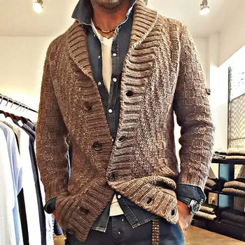 Кардиган, свитер для мужчин, модное однобортное пальто с отложным воротником и длинным рукавом, однотонное вязаное пальто, дизайн мужской верхней одежды в рубчик