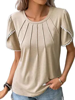 Женская блузка 2023, Весна/Лето, Новая однотонная блузка с круглым вырезом, Женская плиссированная кружевная повседневная рубашка с коротким рукавом