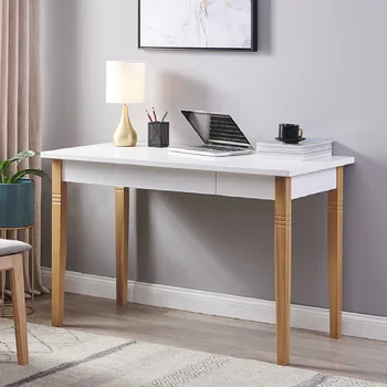 Домашний офисный стол, Большой компьютерный стол, Рабочий стол для учебы, Письменный стол для рабочего места с ножками из массива дерева и 1 выдвижным ящиком, белый