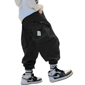 Новые весенне-осенние брюки-карго для мальчиков, повседневные свободные брюки с карманом на молнии, детские спортивные штаны для бега с эластичной резинкой на талии от 4 до 14 лет