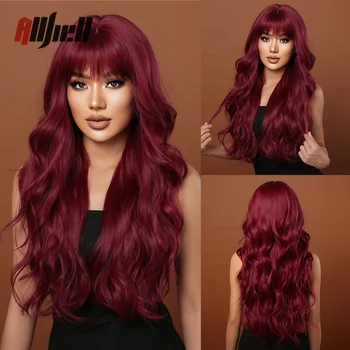 Длинный волнистый винно-красный парик из синтетических натуральных волос с пышной челкой для чернокожих женщин, термостойкий парик для косплея на Хэллоуин